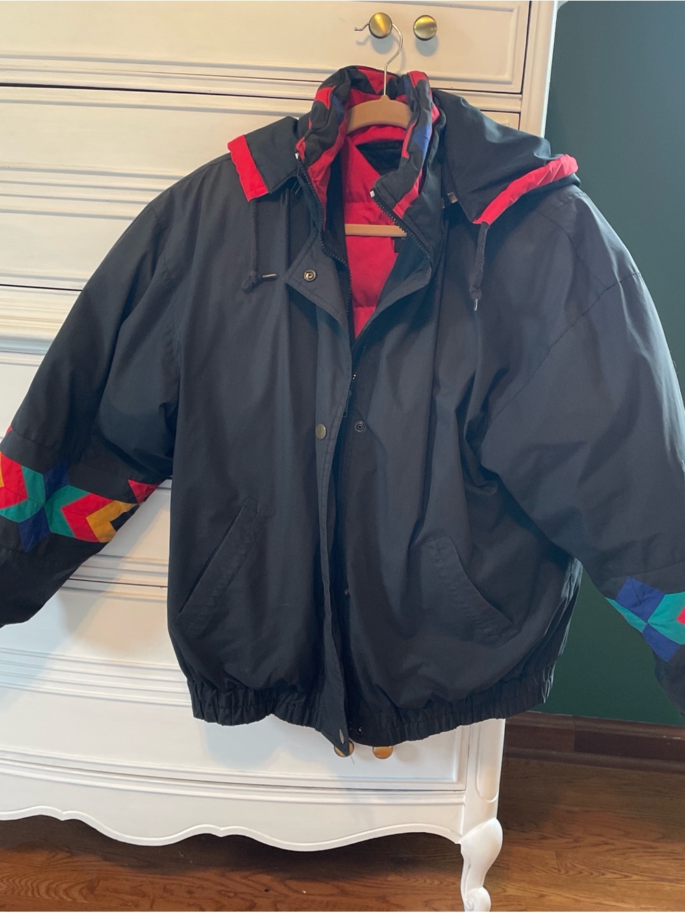 Men's Black Jacket with Red Lining and Multicolor Sleeve Accents